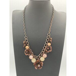 Vintage-Inspired Floral Beaded Necklace With Copper Chain & Flowers